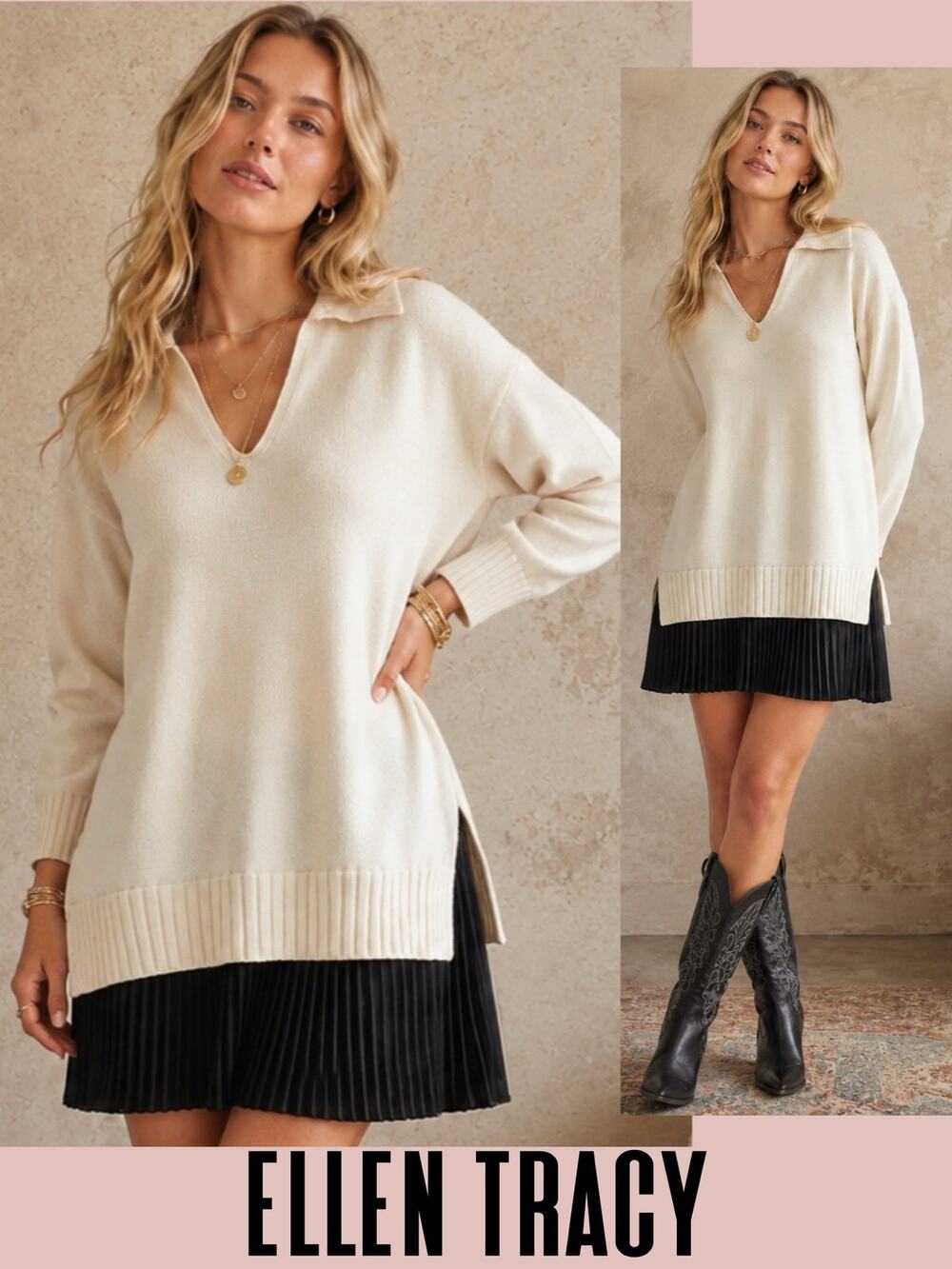 Ellen Tracy sweater dress colorblock twofer dress pleated XS